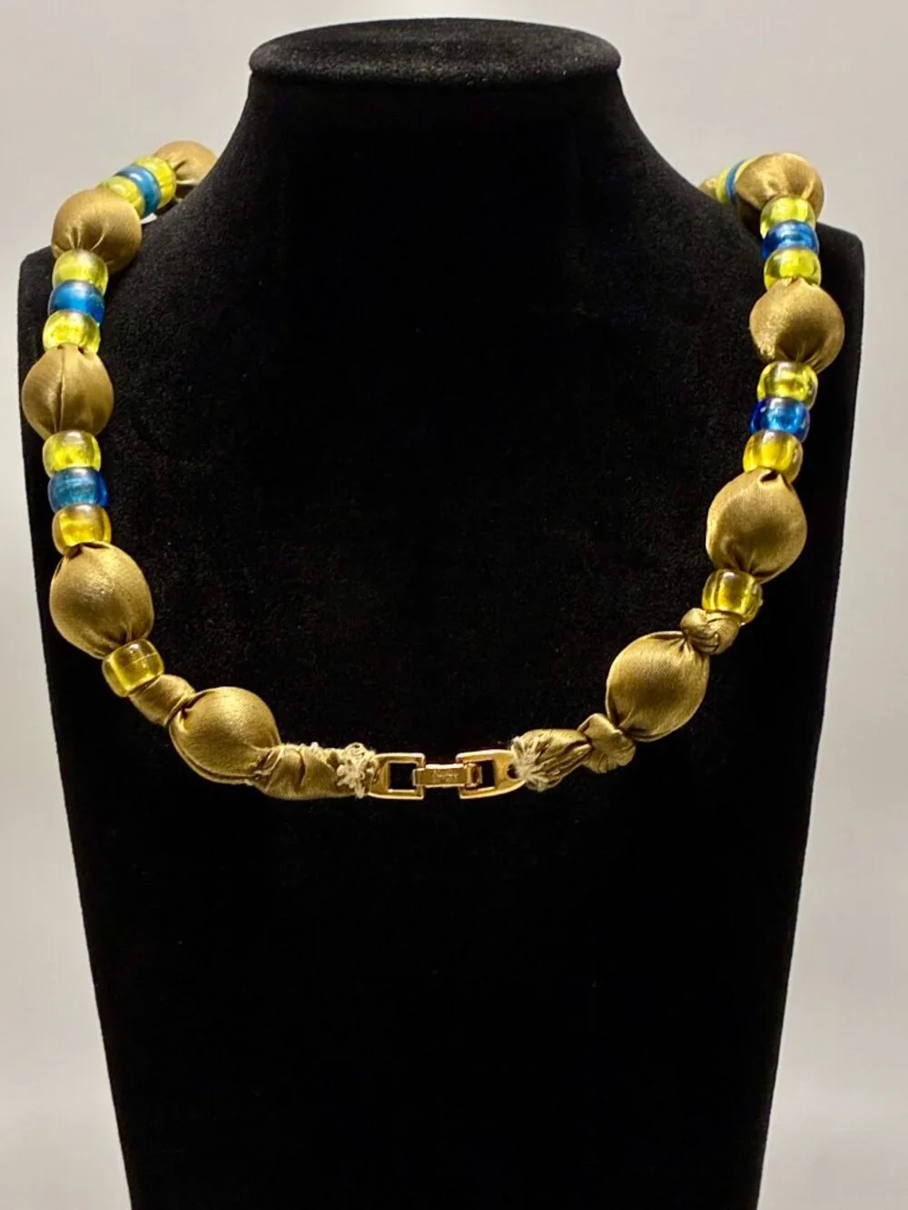 Rare Vintage Napier Runway Necklace Gold Fabric Beads Cobalt Blue Glass Accent